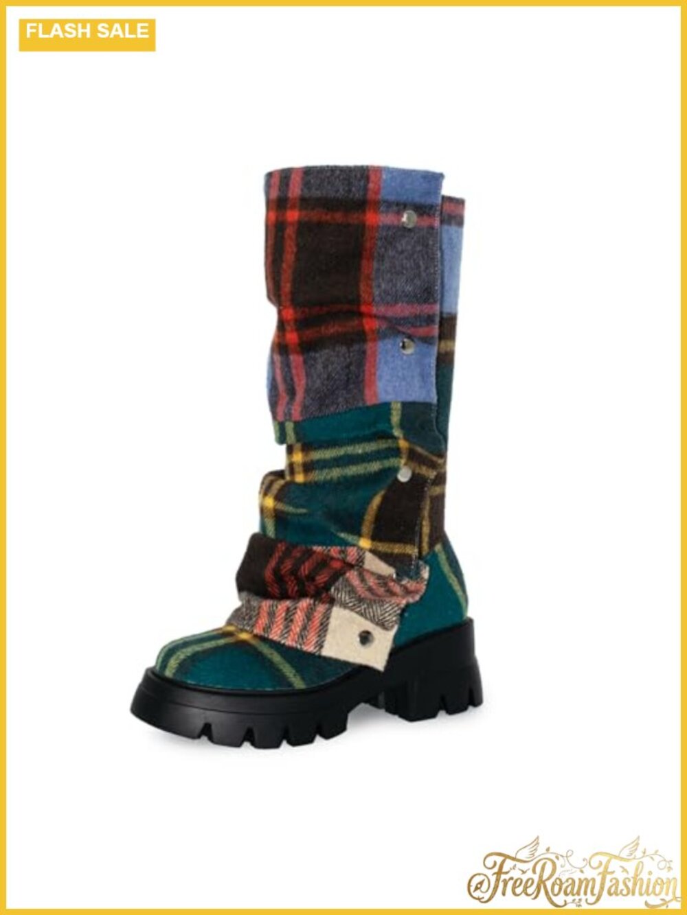 Women's Patchwork Plaid Platform Mid Calf Combat Boots Fold Over Slouchy